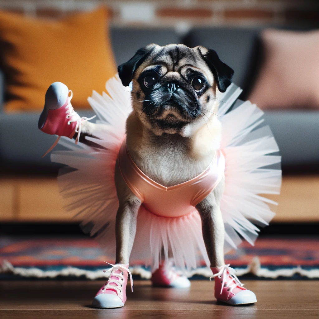 A pug dressed in a tutu, standing on its hind legs, ready to dance. The caption says, 'Twinkle toes pug in action.'