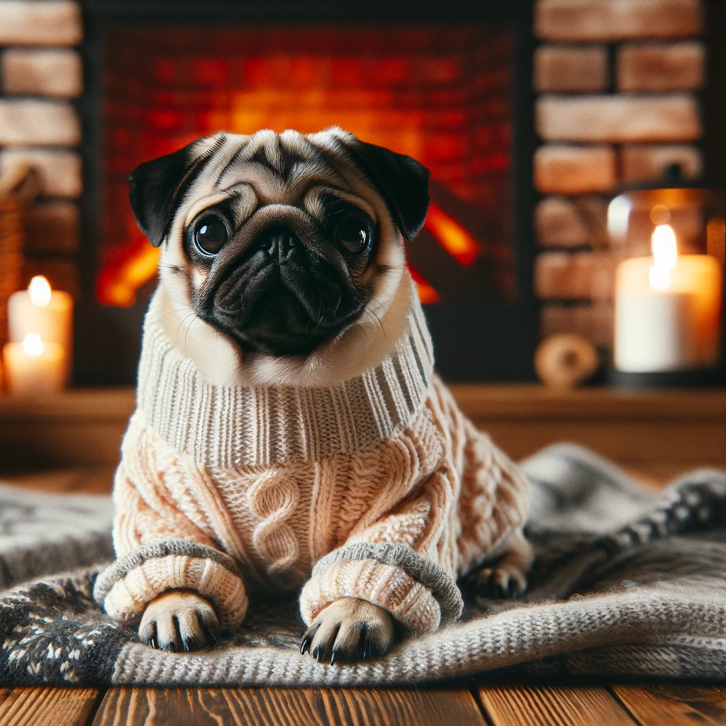 A pug wearing a tiny knitted sweater, sitting beside a warm fireplace. The caption says, 'Cozy pug vibes only.'