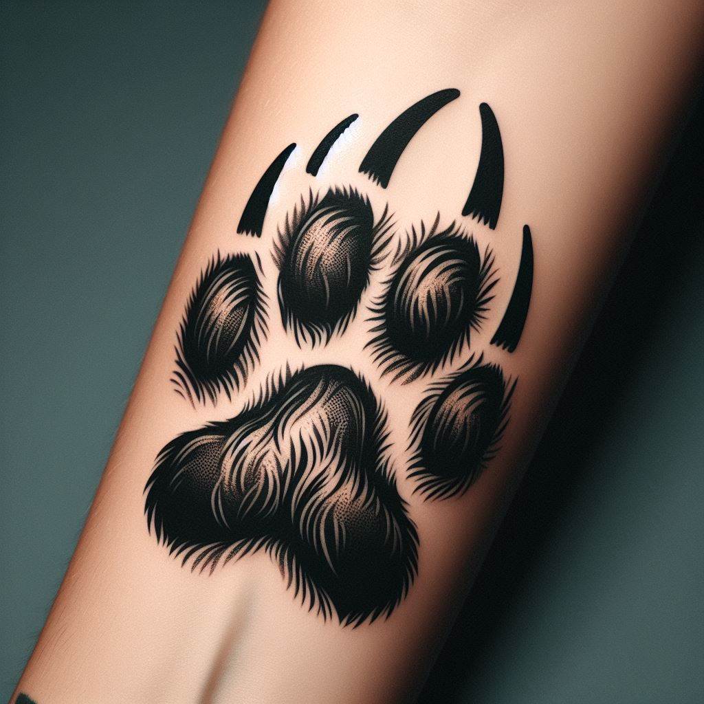 A tattoo of a bear paw print, etched onto the forearm. The design is bold and straightforward, with each claw mark detailed to appear as though it's leaving an imprint on the skin. This tattoo represents the mark one leaves on the world and is a tribute to the strength and determination embodied by the bear.
