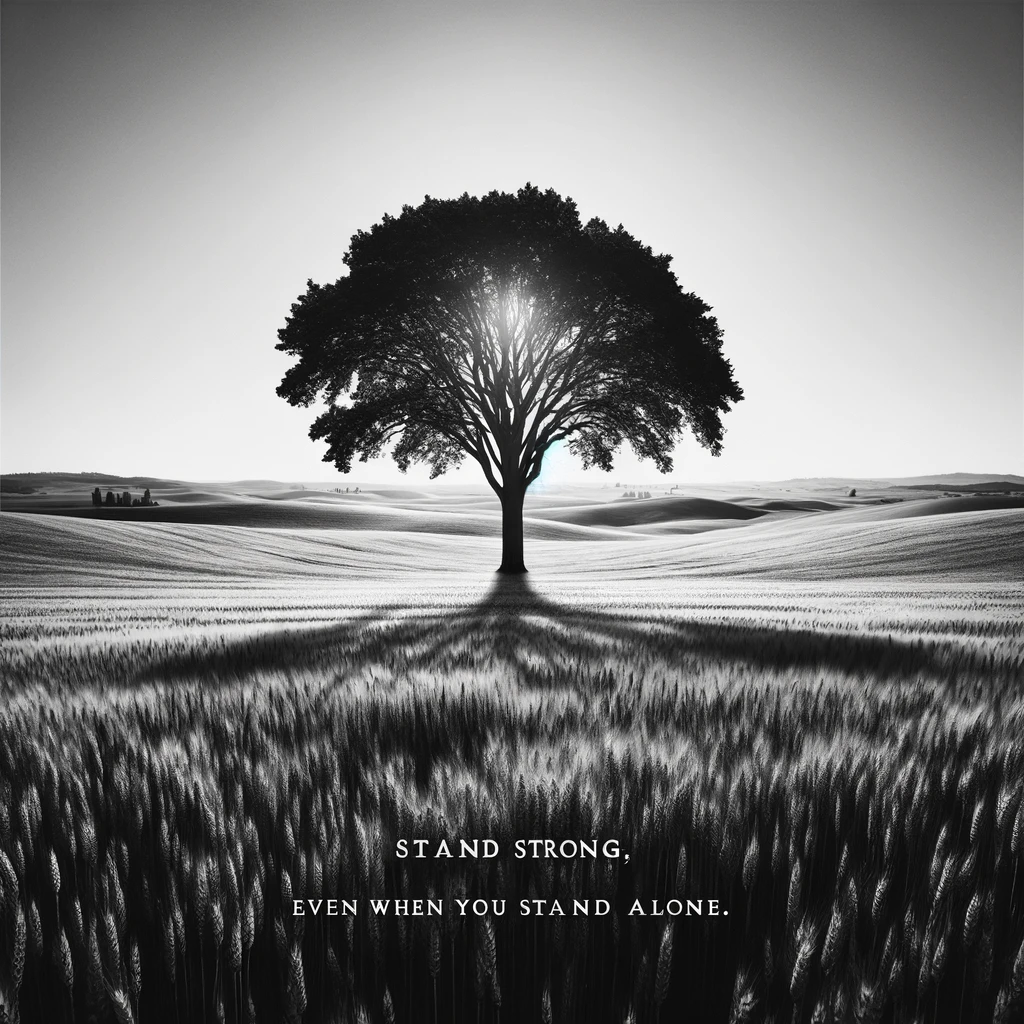 A single, resilient tree standing tall and alone in the center of an open field. The field is vast and seemingly endless, emphasizing the solitude and strength of the tree. The sky above is clear and bright, highlighting the tree's silhouette. At the bottom of the image, a caption in bold, clear font reads: 'Stand strong, even when you stand alone.' The image conveys a message of resilience and independence, symbolizing the tree's ability to thrive despite being alone.