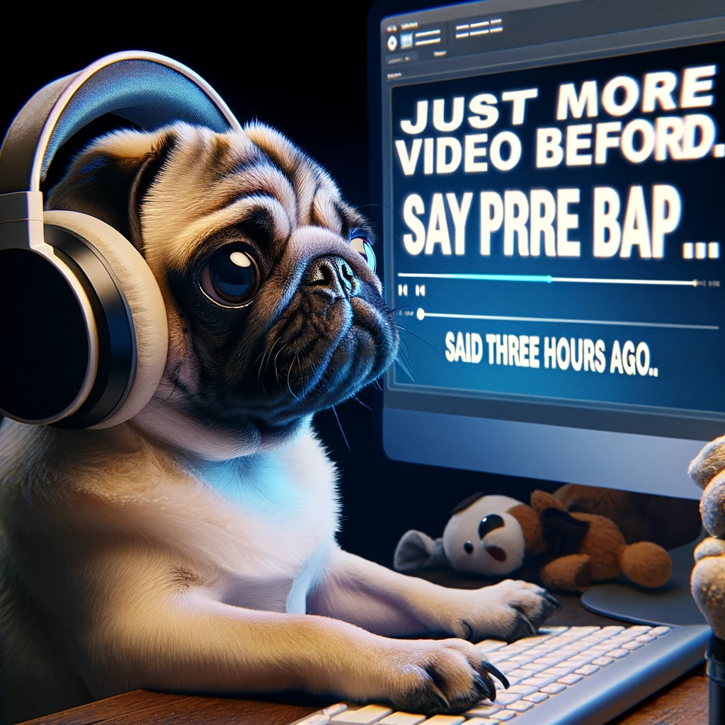 A pug sitting in front of a computer, wearing headphones and looking intensely at the screen. The caption says, 'Just one more video before bed... said three hours ago.'