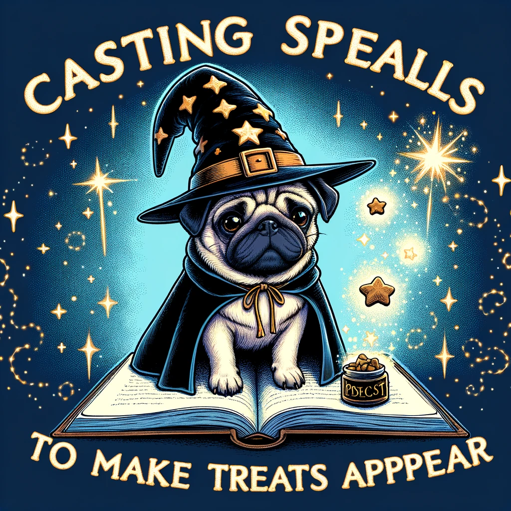 A pug wearing a wizard hat and cape, standing on a book with magical sparks around. The caption says, 'Casting spells to make treats appear.'