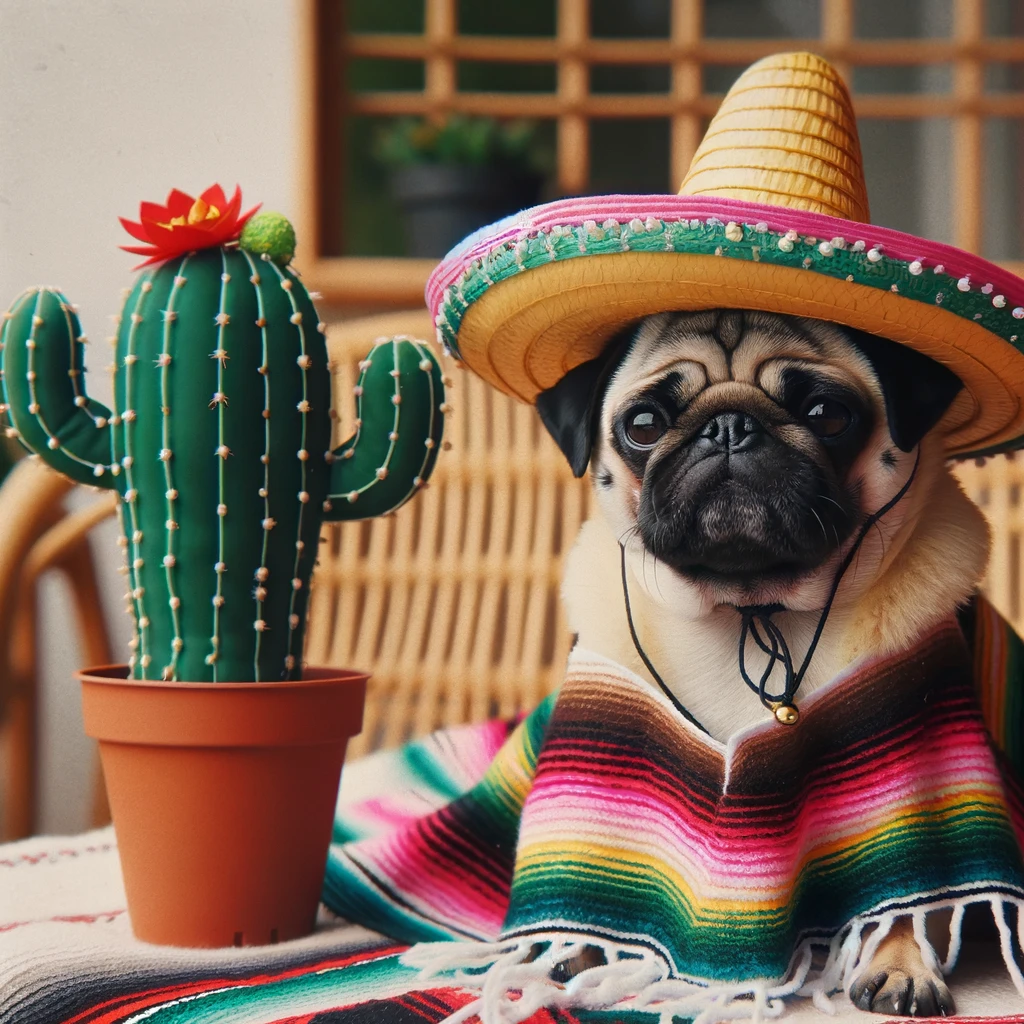 A pug wearing a tiny sombrero and a poncho, standing next to a cactus. The caption says, 'Ready for the fiesta!','