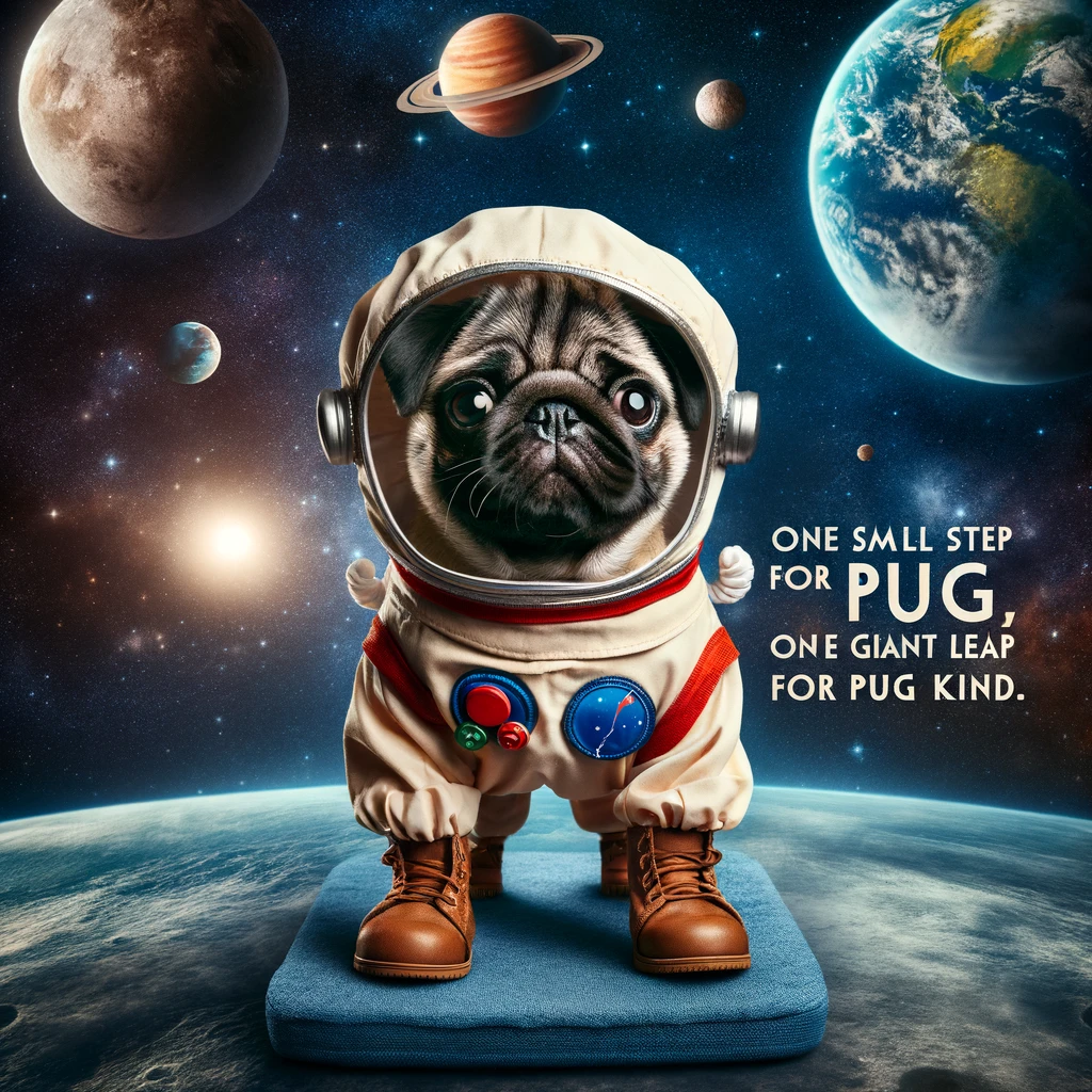 A pug dressed as an astronaut, floating in space with planets in the background. The caption says, 'One small step for pug, one giant leap for pugkind.'