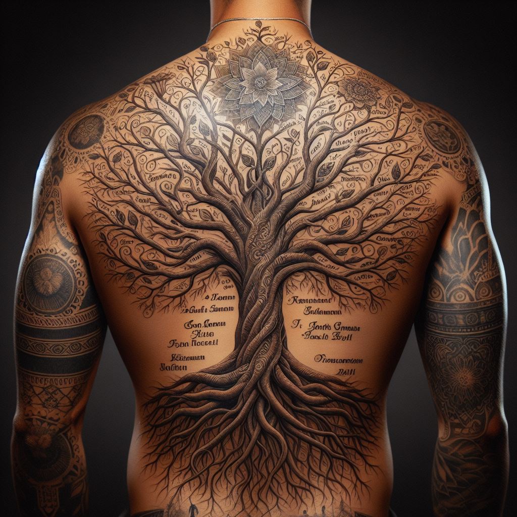 A detailed family tree tattoo sprawling across the back, featuring names and birthdates intricately woven into the branches.
