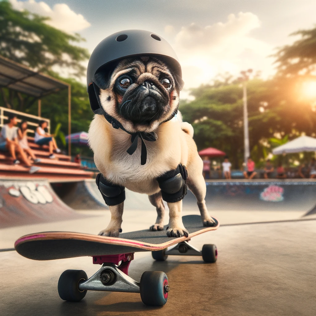 A pug on a skateboard, wearing a helmet and sunglasses, doing a trick in the skate park. The caption says, 'Skater pug life.'
