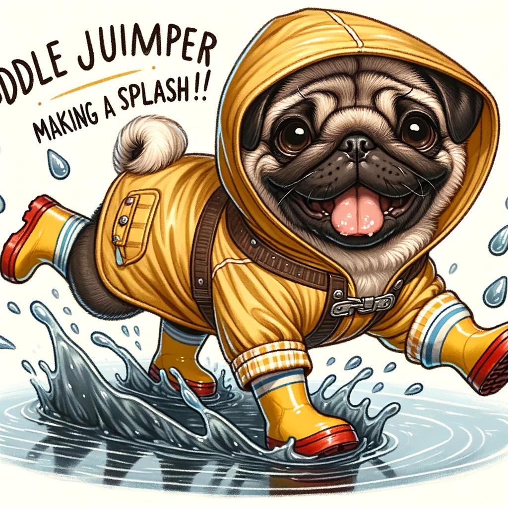 A pug in a raincoat and boots, splashing in a puddle, looking joyful. The caption says, 'Puddle jumper pug, making a splash!