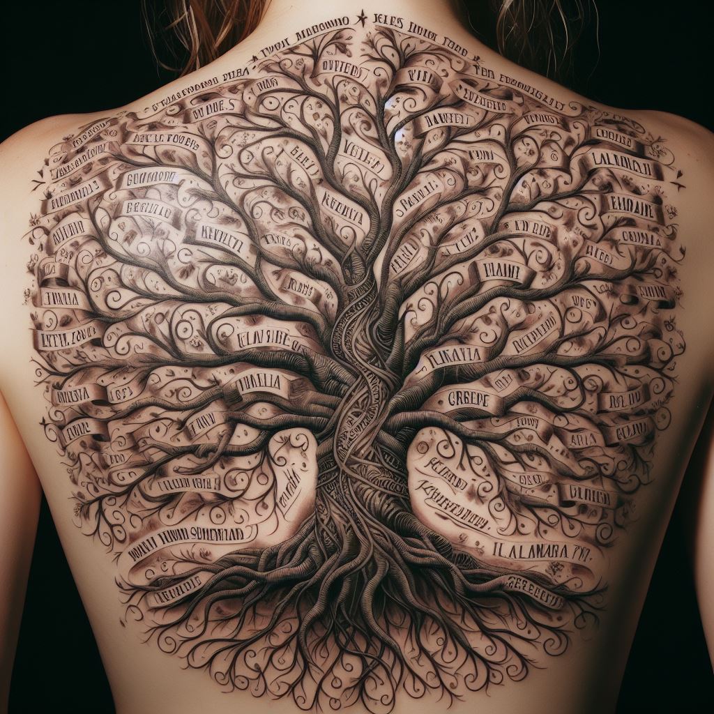 A detailed family tree tattoo sprawling across the back, featuring names and birthdates intricately woven into the branches.