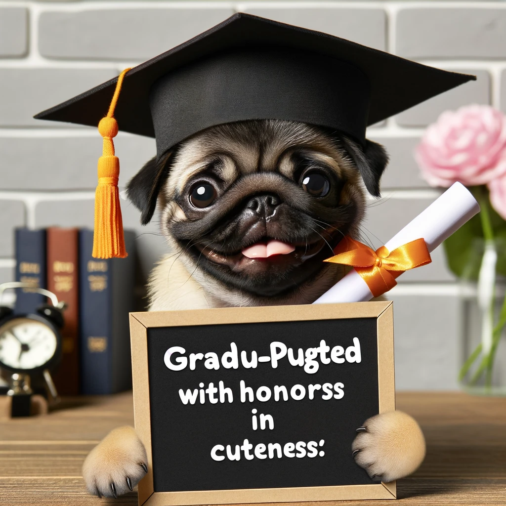 A pug wearing a graduation cap and gown, holding a diploma in its mouth. The caption says, 'Gradu-pug-ted with honors in cuteness.'