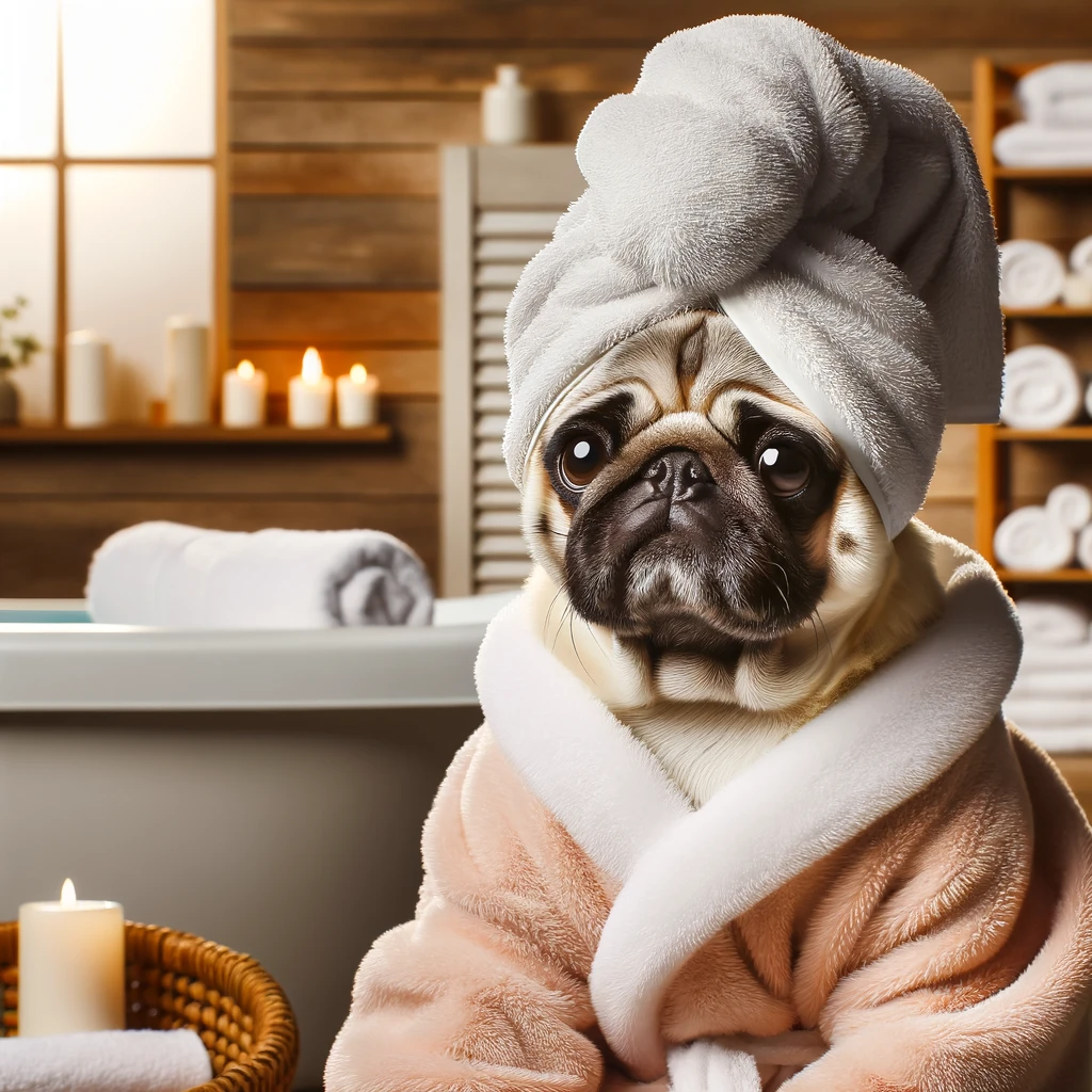 A pug wearing a fluffy bathrobe and a towel turban, sitting in a spa setting. The caption says, 'Spa day, pug style.'