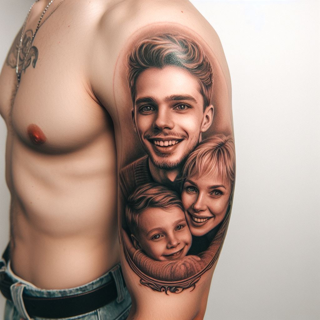 A heartwarming portrait tattoo of a family photo, meticulously captured on the upper arm.