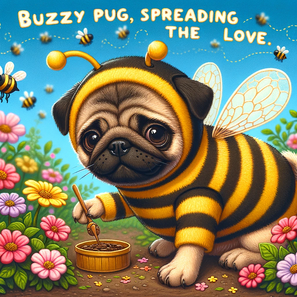 A pug dressed as a bee, buzzing around a garden of flowers. The caption says, 'Buzzy pug, spreading the love.'