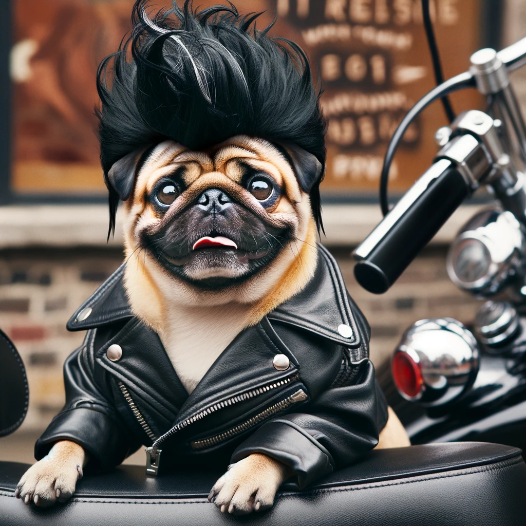 A pug with a faux hawk hairstyle, wearing a leather jacket, looking cool on a motorcycle. The caption says, 'Rebel without a cause, but with a bone.'