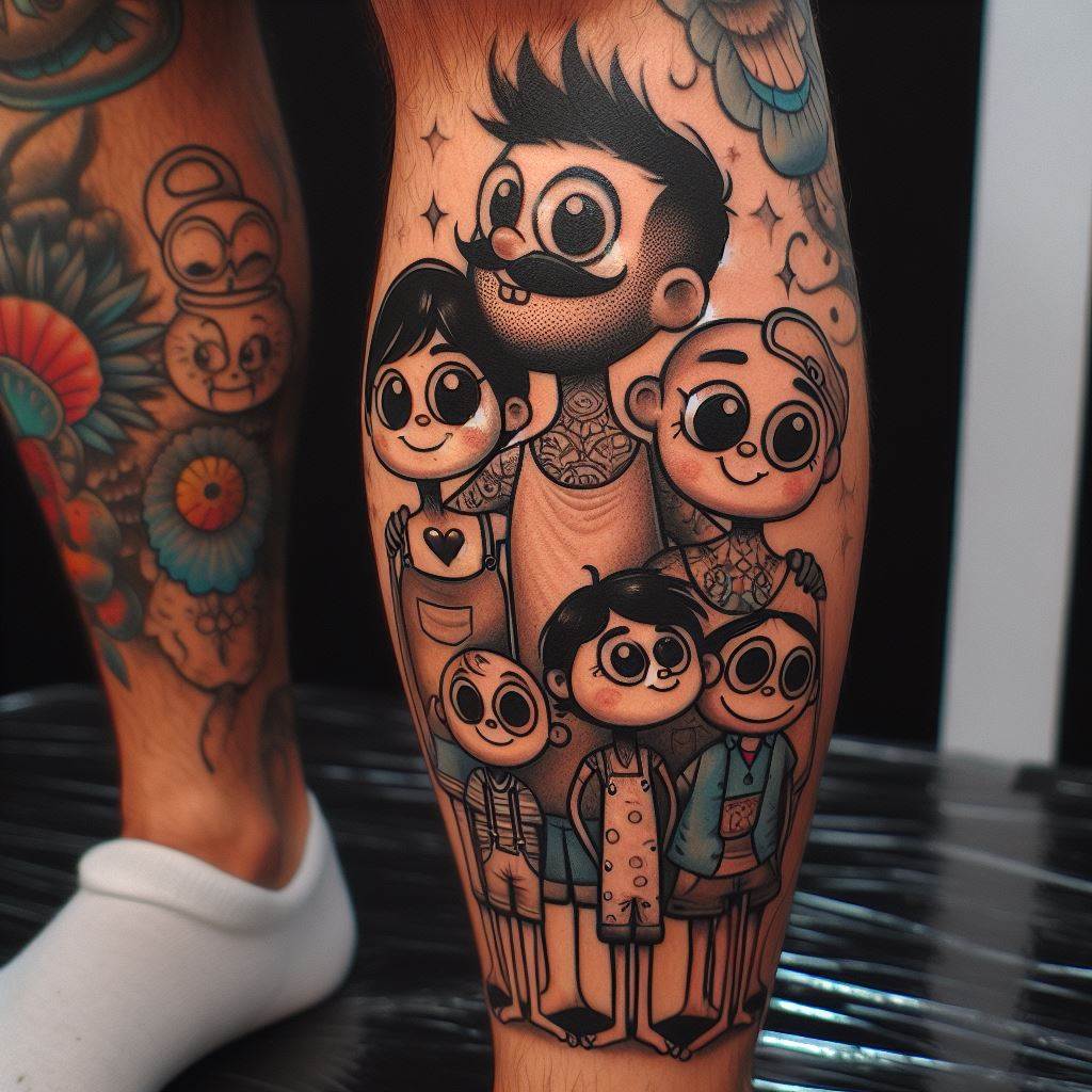A playful tattoo of cartoonized family members, each with distinct characteristics, adorning the calf.