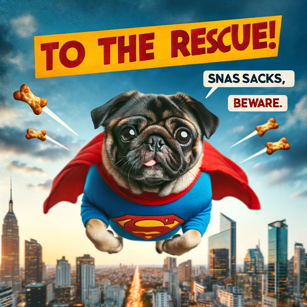A pug dressed in a superhero costume, flying through the sky with a city skyline in the background. The caption says, 'To the rescue! Snacks, beware.'