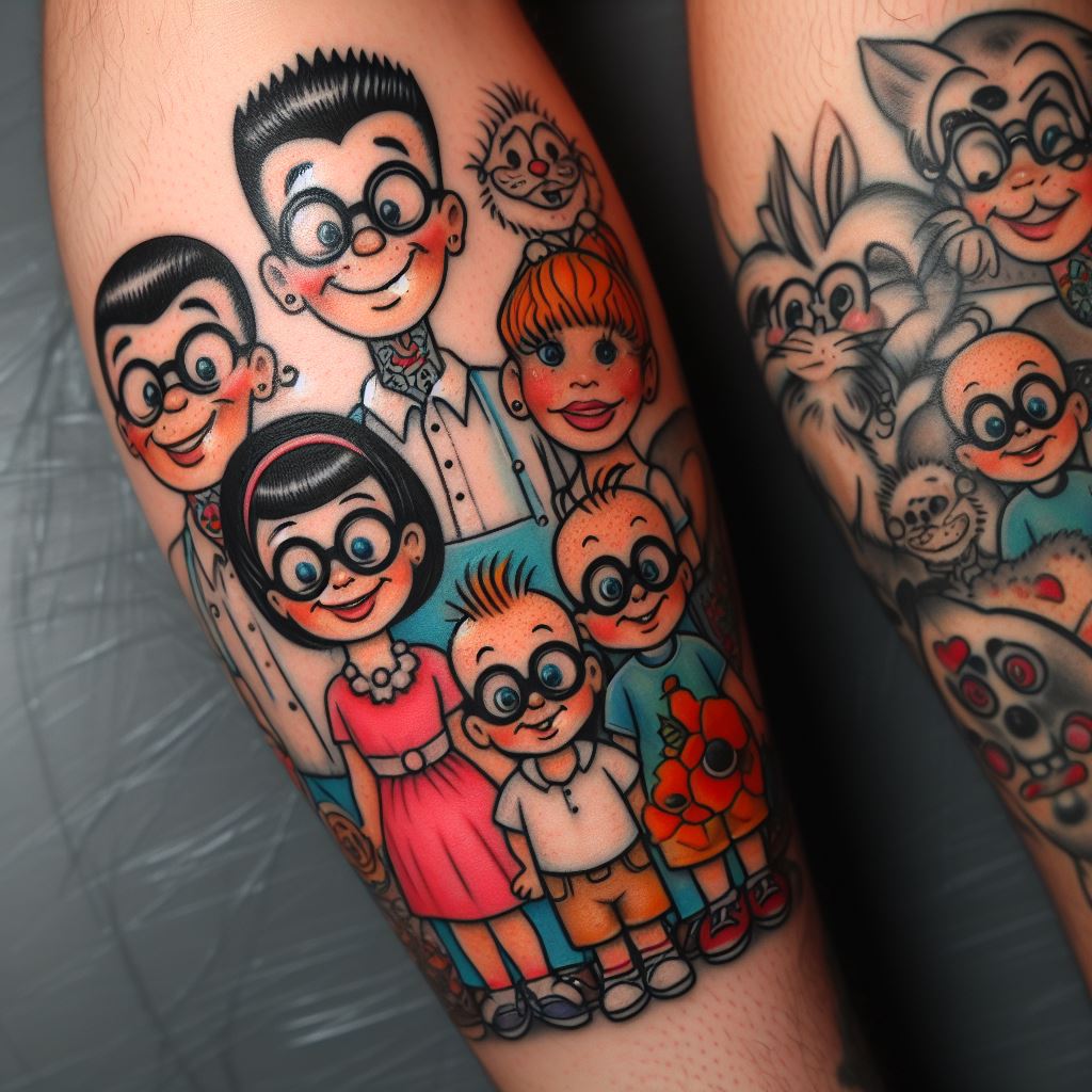 A playful tattoo of cartoonized family members, each with distinct characteristics, adorning the calf.