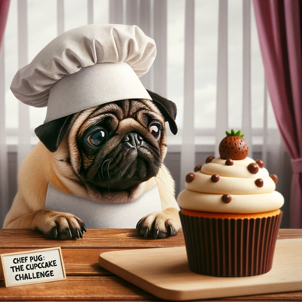 A pug wearing a tiny chef's hat and apron, looking at a giant cupcake on the table. The caption says, 'Chef Pug: The cupcake challenge.'