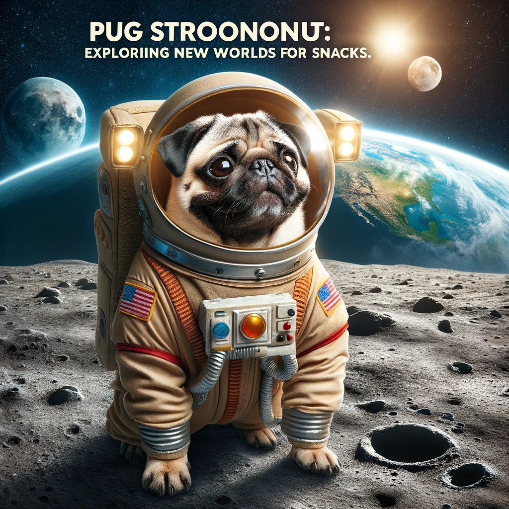 A pug in a spacesuit, standing on the moon with Earth in the background. The caption says, 'Pugstronaut: Exploring new worlds for snacks.'