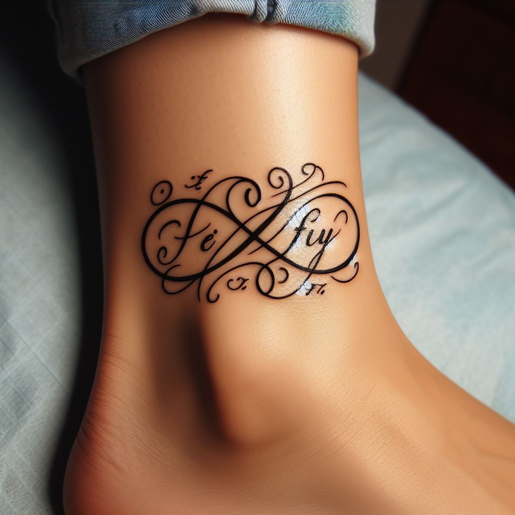 A simple yet meaningful tattoo of family members' initials intertwined, placed elegantly on the ankle.