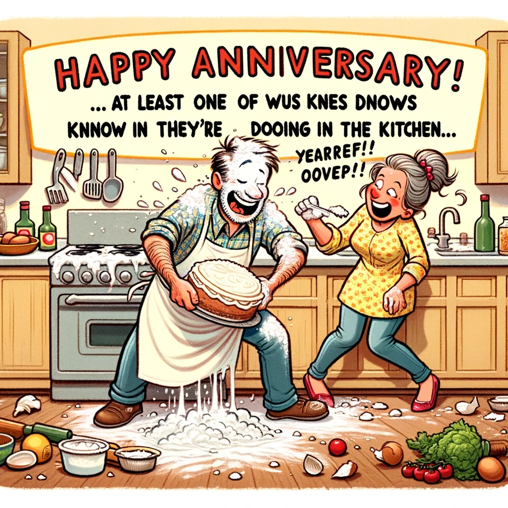 A cartoon couple celebrating their anniversary in a humorous situation. The man is trying to bake a cake but ends up wearing the flour on his face and clothes, while the woman is laughing at the scene. The kitchen is a mess, with ingredients scattered everywhere. The caption reads, "Happy Anniversary! At least one of us knows what they're doing in the kitchen."