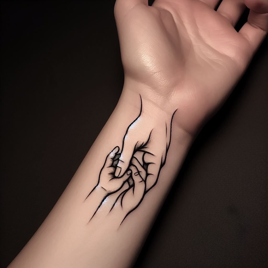 A minimalist tattoo of two adult hands holding a child's hand, inked on the inner wrist.