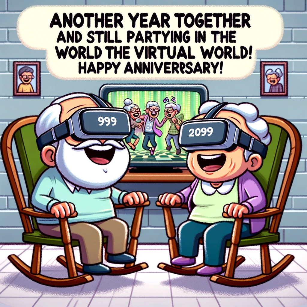 Two elderly cartoon characters sitting on rocking chairs with VR headsets on, laughing uncontrollably. In the virtual world displayed on a screen above them, they are dancing wildly at a disco. The caption reads, "Another year together and still partying in the virtual world like it's 1999! Happy Anniversary!"