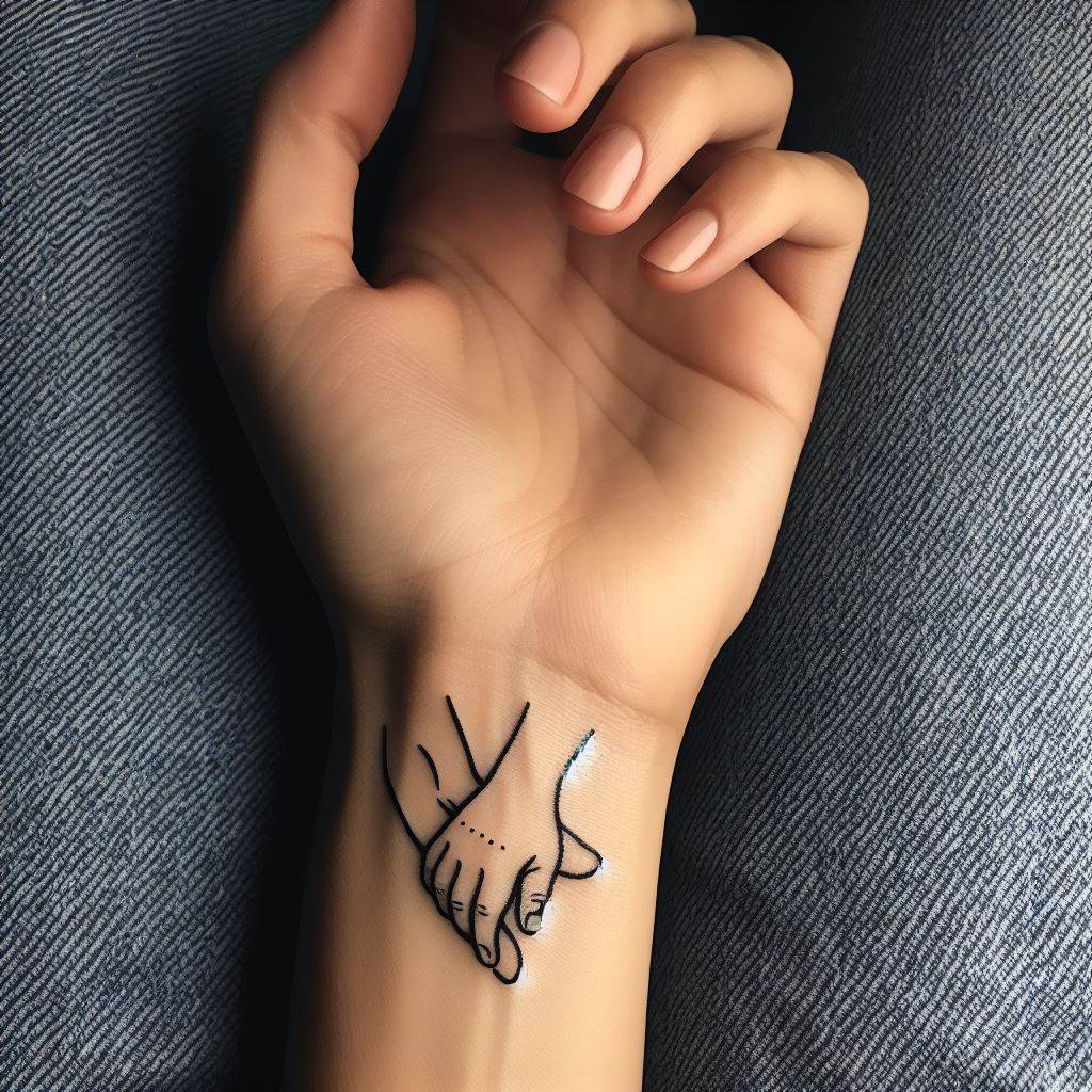 A minimalist tattoo of two adult hands holding a child's hand, inked on the inner wrist.