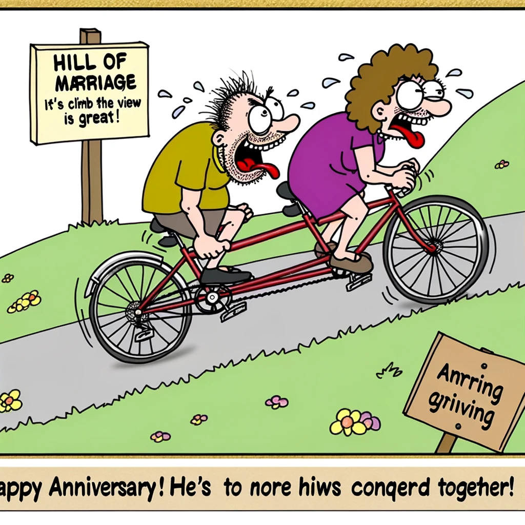 A cartoon of a couple on a tandem bicycle struggling up a hill, their expressions exaggerated with effort. The front rider is looking back at the other with a playful grin, while the back rider is sticking their tongue out, tired. A sign by the road reads, "Hill of Marriage: It's a Climb but the View is Great!". The caption below says, "Happy Anniversary! Here's to more hills conquered together."