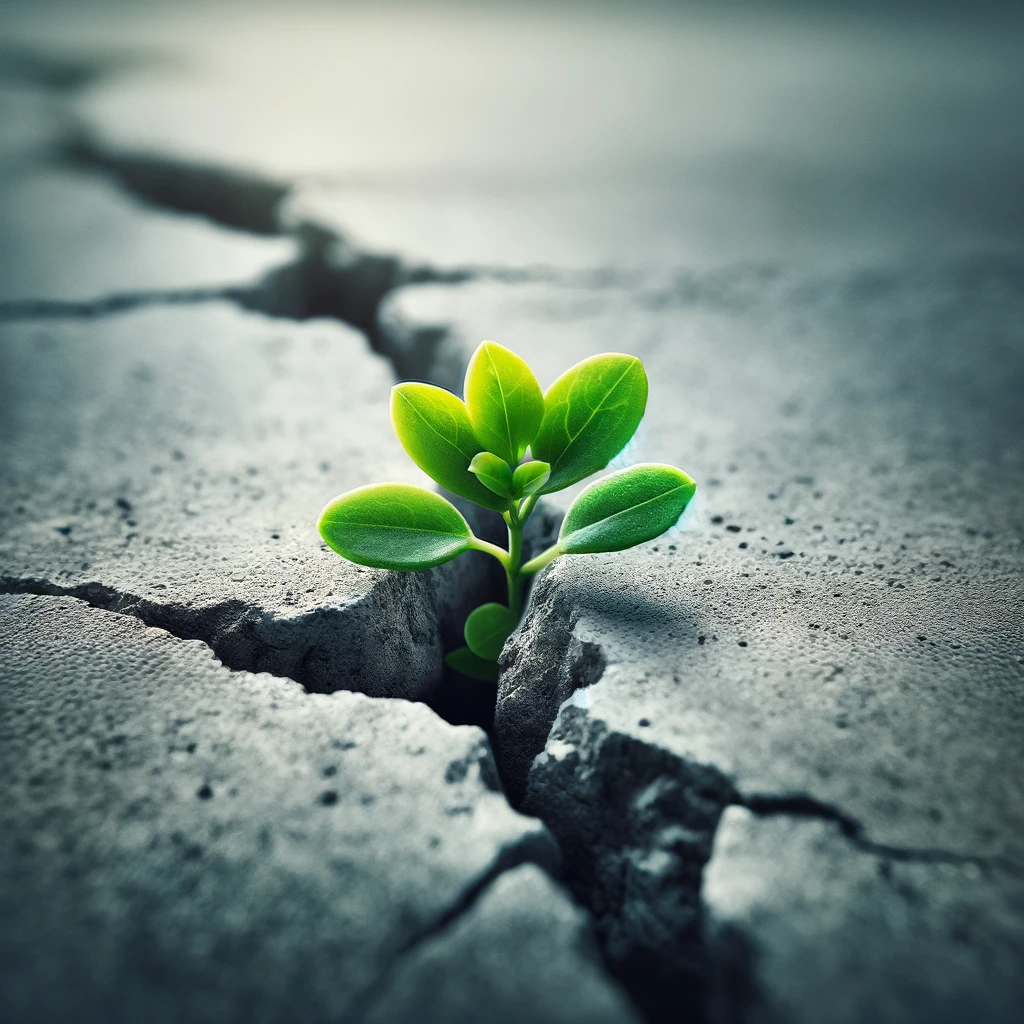 A small green plant emerging through a crack in concrete. The concrete surface is rough and solid, symbolizing a harsh environment. The plant is vibrant and full of life, contrasting starkly with the gray concrete. The image focuses on the small yet significant triumph of nature over adversity. A caption at the bottom, in a bold and hopeful font, reads: 'Growth is possible, even in the hardest places.' The image represents resilience, hope, and the power of life to thrive in challenging conditions.