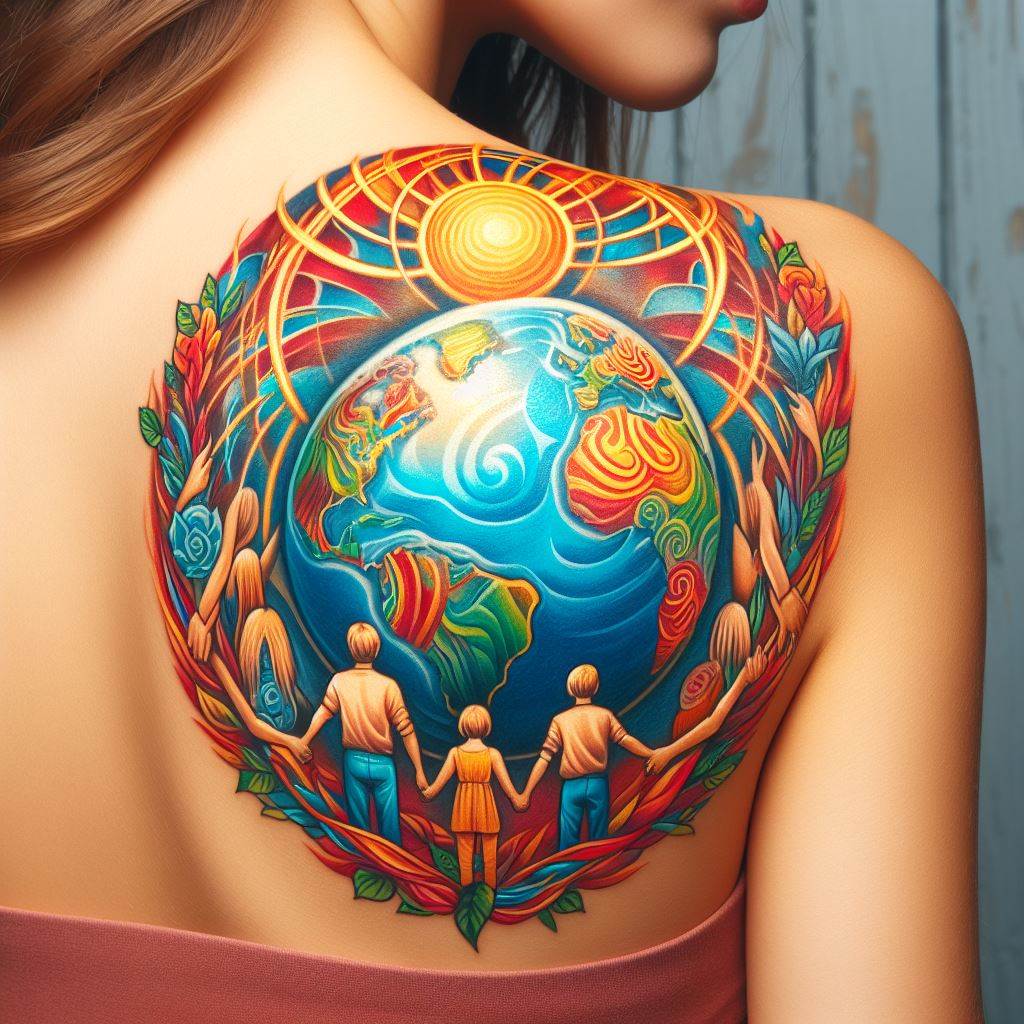 A vibrant tattoo featuring a globe surrounded by family members holding hands, symbolizing unity, on the shoulder blade.