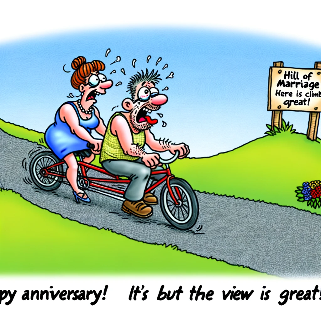 A cartoon of a couple on a tandem bicycle struggling up a hill, their expressions exaggerated with effort. The front rider is looking back at the other with a playful grin, while the back rider is sticking their tongue out, tired. A sign by the road reads, "Hill of Marriage: It's a Climb but the View is Great!". The caption below says, "Happy Anniversary! Here's to more hills conquered together."