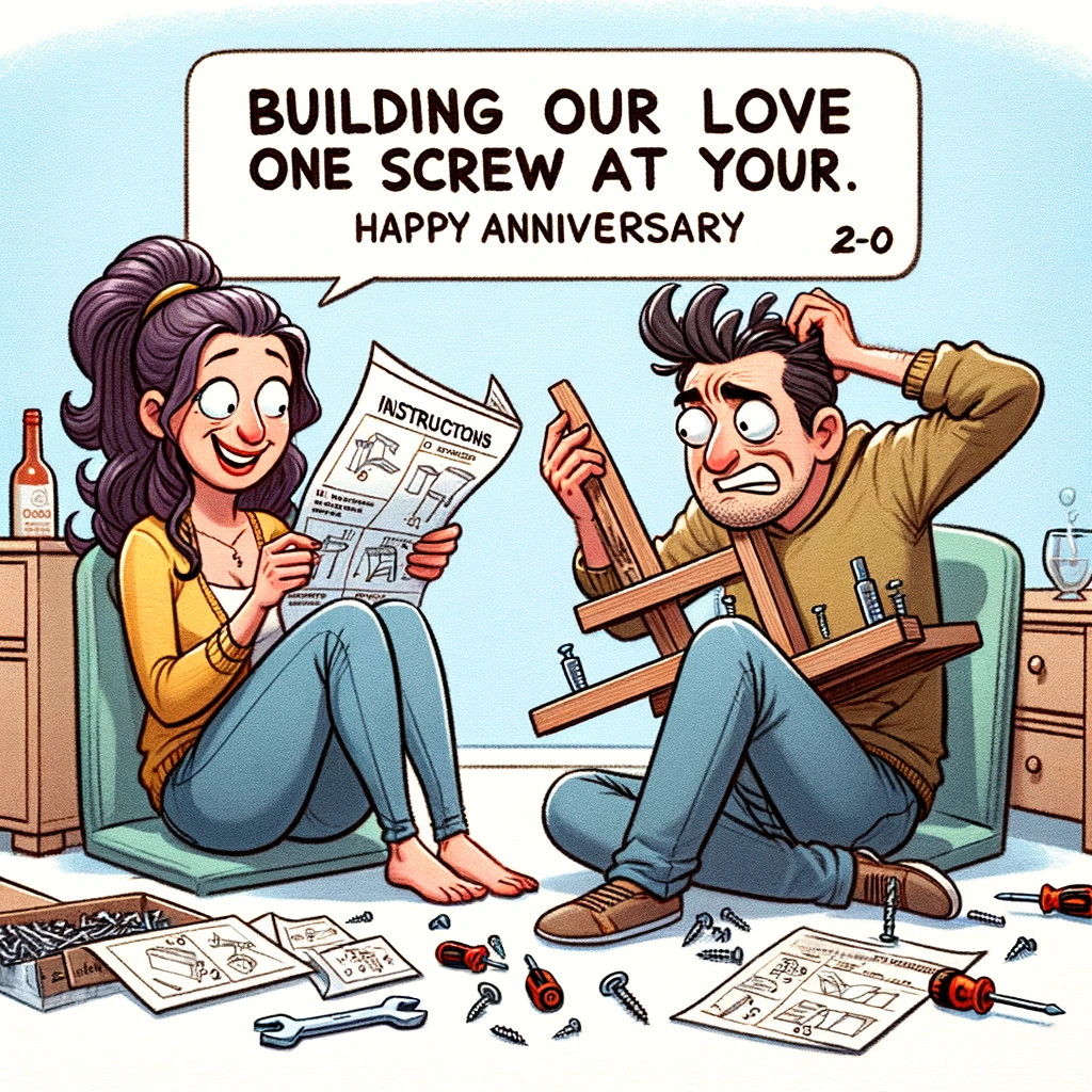 A cartoon scene showing a couple trying to assemble a piece of furniture, with instructions and tools scattered around. The woman is holding an instruction manual upside down, and the man is scratching his head, looking puzzled at a strangely assembled chair. The caption reads, "Building our love one screw at a time. Happy Anniversary!"
