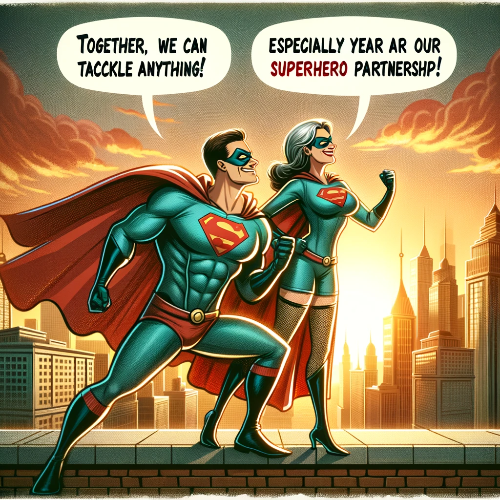 A cartoon depiction of a couple in superhero costumes, standing heroically on a city rooftop at sunset. The man is wearing a cape and pretending to fly, while the woman strikes a powerful pose. A speech bubble from the woman reads, "Together, we can tackle anything!" and from the man, "Especially another year of marriage!" The caption adds, "Happy Anniversary to our superhero partnership!"