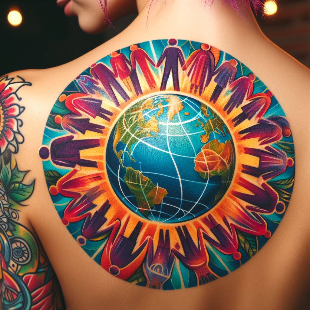 A vibrant tattoo featuring a globe surrounded by family members holding hands, symbolizing unity, on the shoulder blade.