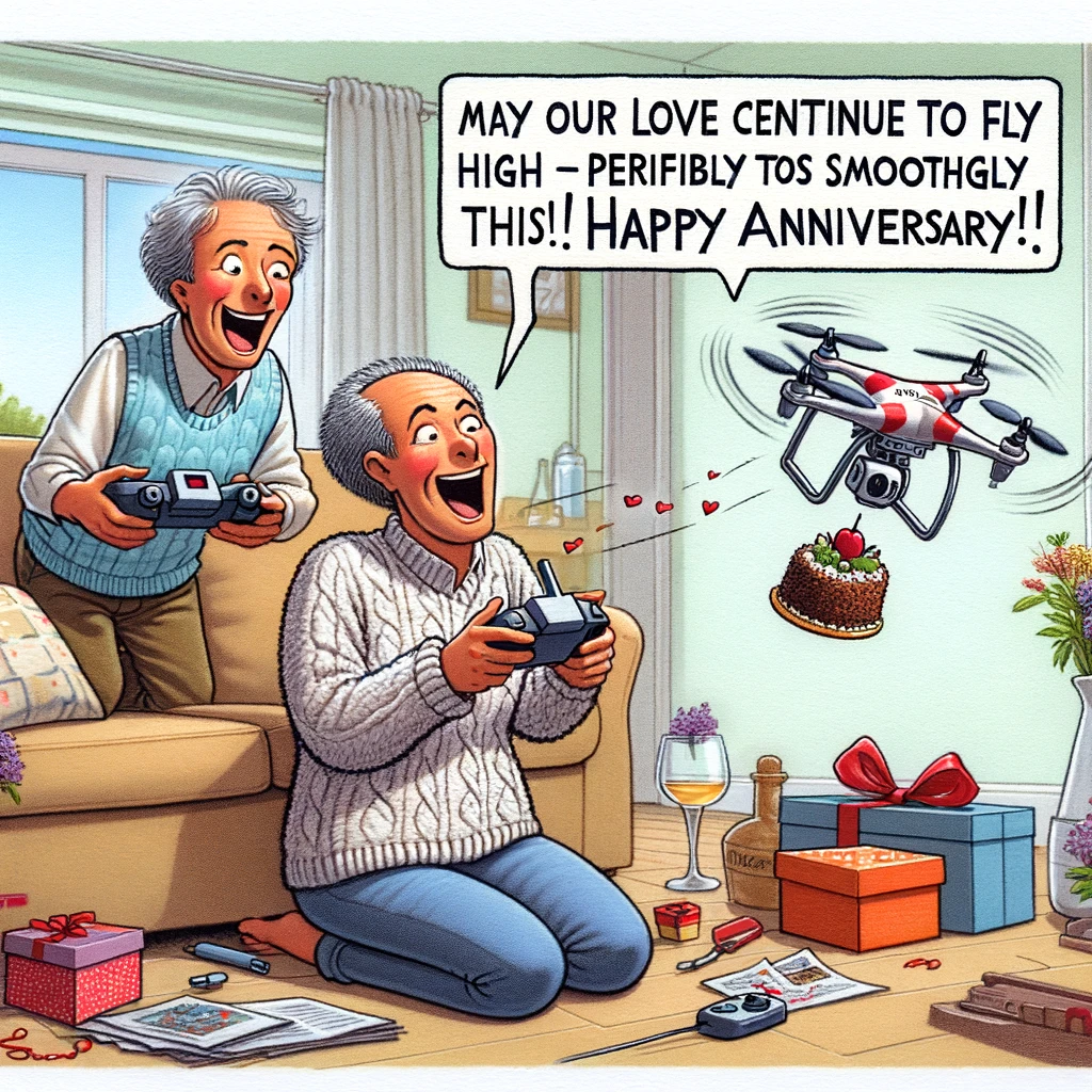 A humorous cartoon of a couple in their living room, both trying to remote control a drone to carry a tiny anniversary cake. The drone is flying erratically, with the cake tipping dangerously. The man and woman are laughing and trying to catch the cake. The caption reads, "May our love continue to fly high - preferably more smoothly than this cake! Happy Anniversary!"