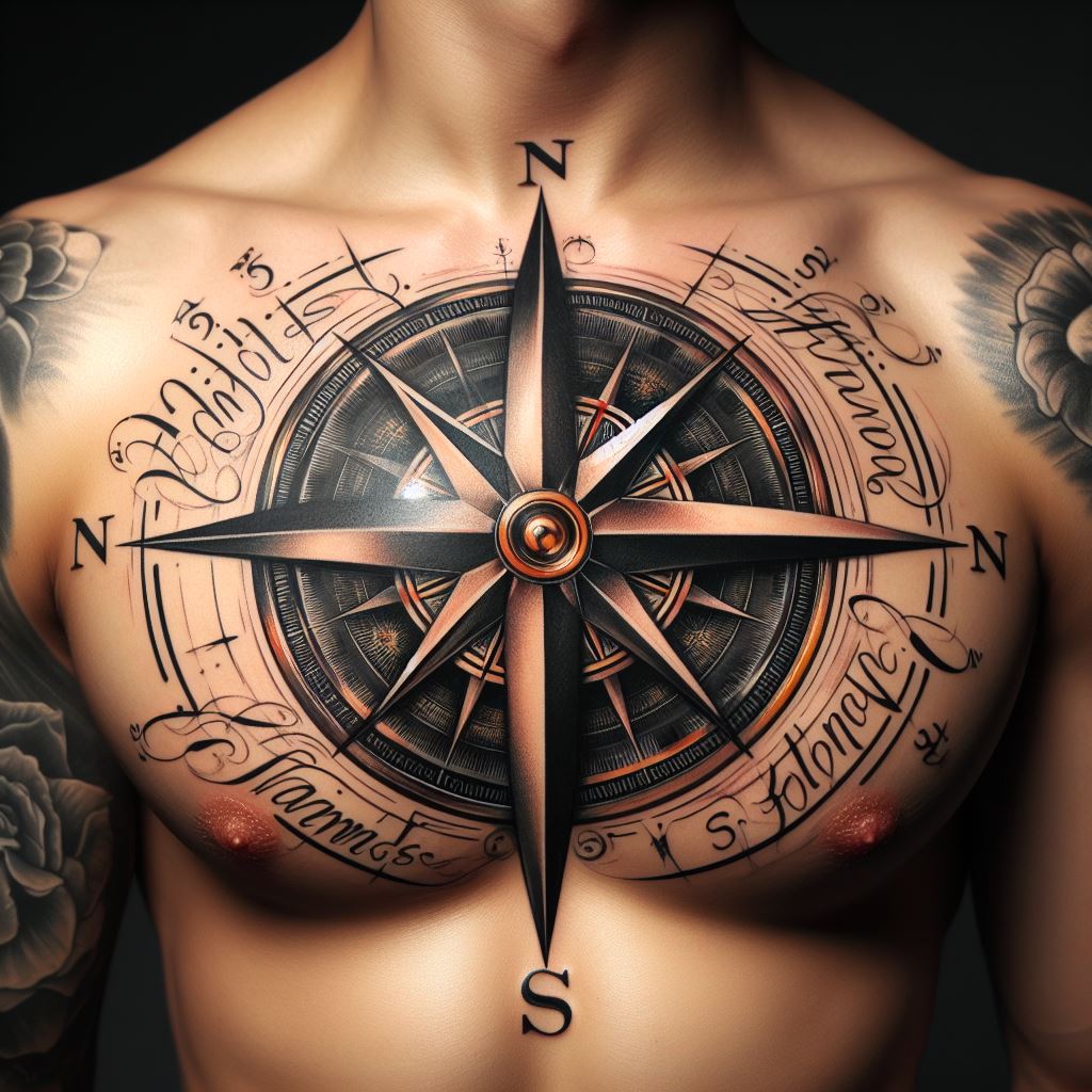 An artistic tattoo of a compass with family members' names as the directions, inked on the chest.