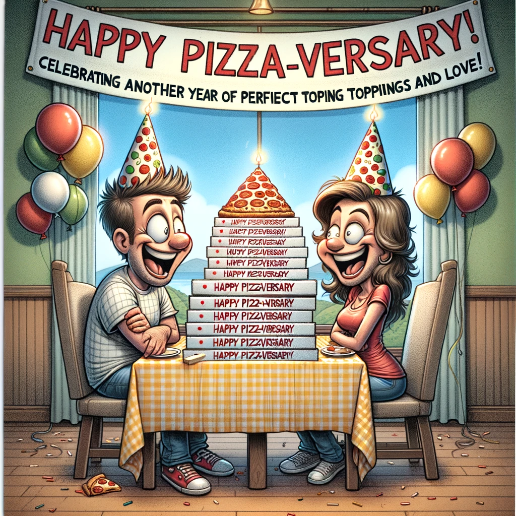 A cartoon of a couple sitting at a dining table with two large stacks of pizza boxes between them. They are both wearing party hats and looking at each other with exaggerated, joyful expressions. The room is decorated with balloons and a banner that reads, "Happy Pizza-versary!". The caption says, "Celebrating another year of perfect toppings and love. Happy Anniversary!"