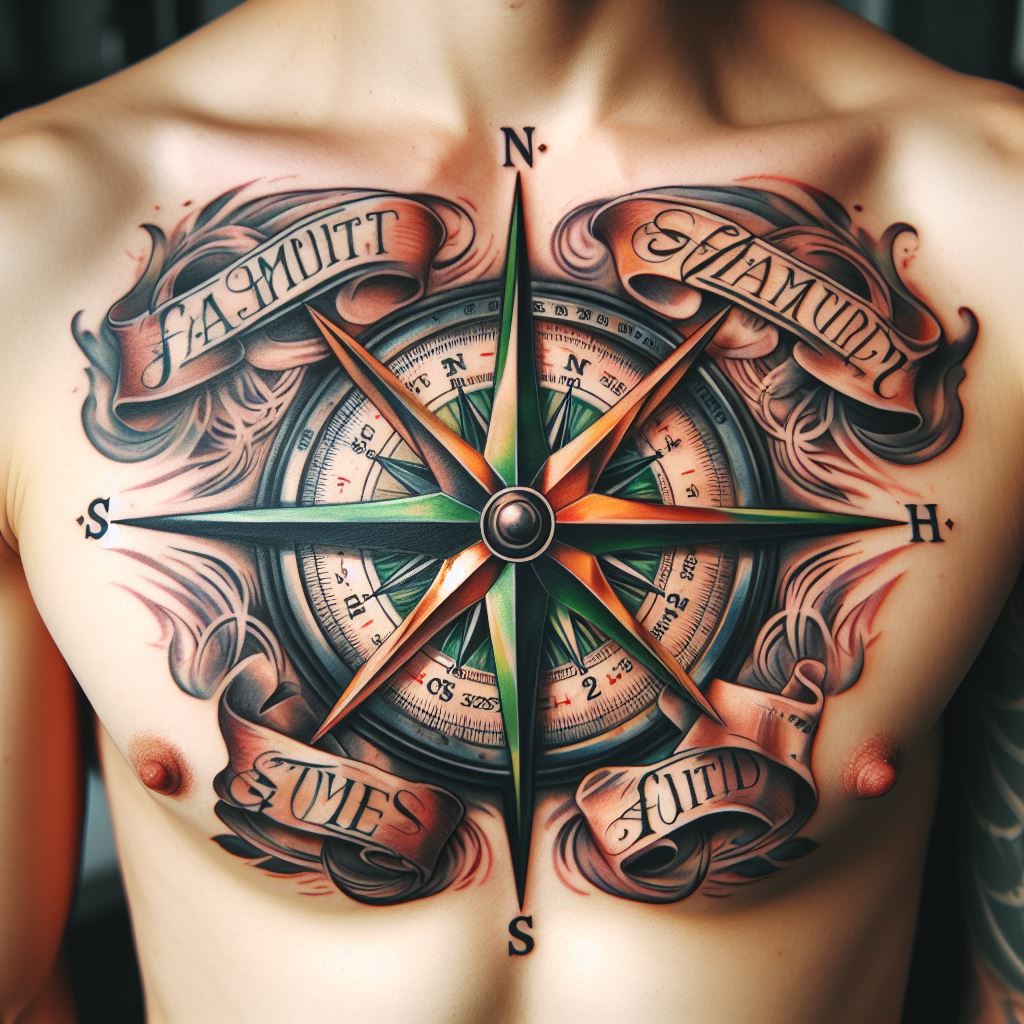 An artistic tattoo of a compass with family members' names as the directions, inked on the chest.