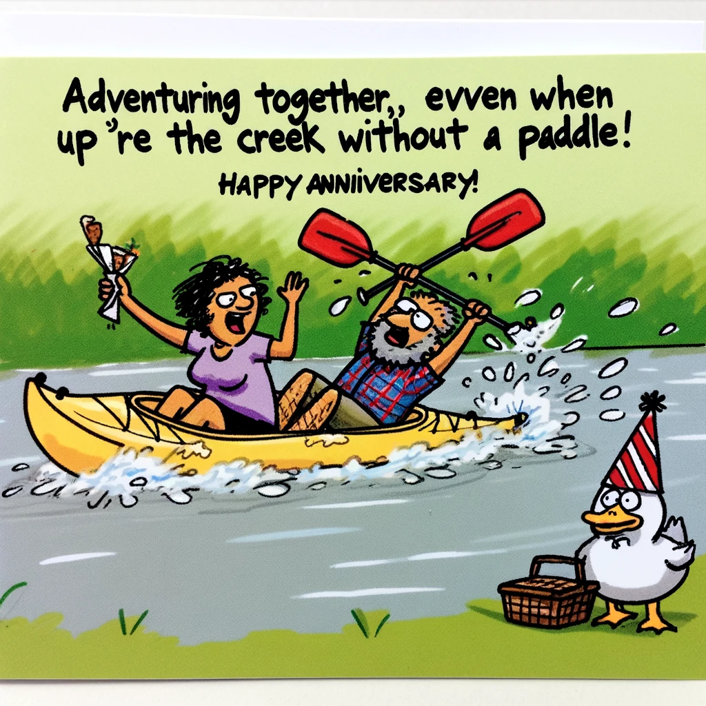 A cartoon of a couple in a kayak capsizing into a river, with water splashing around them. The man is trying to hold onto a picnic basket while the woman is laughing and splashing water. Nearby, a duck wearing a party hat watches them. The caption reads, "Adventuring together, even when we're up the creek without a paddle. Happy Anniversary!"