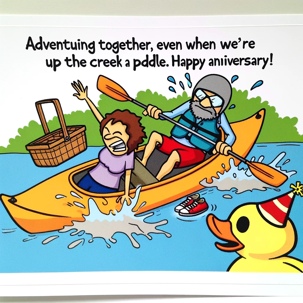 A cartoon of a couple in a kayak capsizing into a river, with water splashing around them. The man is trying to hold onto a picnic basket while the woman is laughing and splashing water. Nearby, a duck wearing a party hat watches them. The caption reads, "Adventuring together, even when we're up the creek without a paddle. Happy Anniversary!"