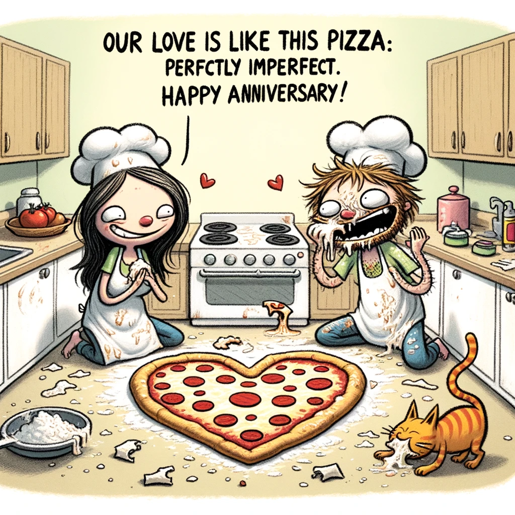 A cartoon scene with a couple in the kitchen, both covered in flour and laughing, while their attempt at making a heart-shaped pizza has turned into a funny, unrecognizable shape. Their cat is seen nibbling on a piece of cheese on the floor. The caption reads, "Our love is like this pizza: perfectly imperfect. Happy Anniversary!"