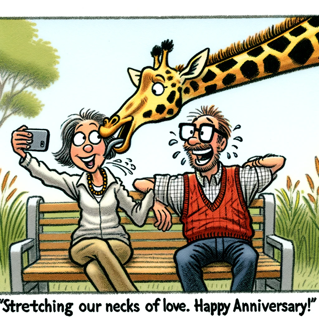 A cartoon scene of a couple at a zoo, trying to take a selfie with a giraffe. The giraffe leans into the picture with a humorous expression, licking the man's face while the woman tries to push the giraffe away, laughing. The caption reads, "Stretching our necks out for love. Happy Anniversary!"