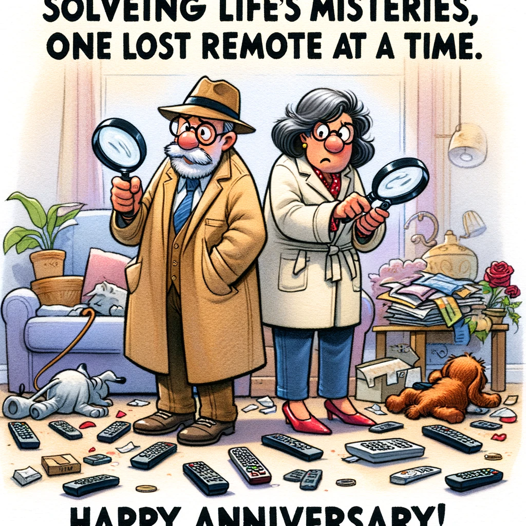 A cartoon of a couple dressed as detectives, searching around their cluttered living room with magnifying glasses. They look puzzled, trying to find the remote control. The caption reads, "Solving life's mysteries together, one lost remote at a time. Happy Anniversary!"