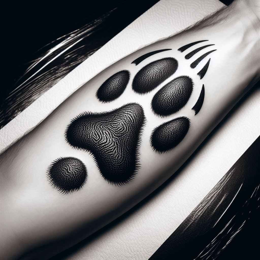 A tattoo of a bear paw print, etched onto the forearm. The design is bold and straightforward, with each claw mark detailed to appear as though it's leaving an imprint on the skin. This tattoo represents the mark one leaves on the world and is a tribute to the strength and determination embodied by the bear.