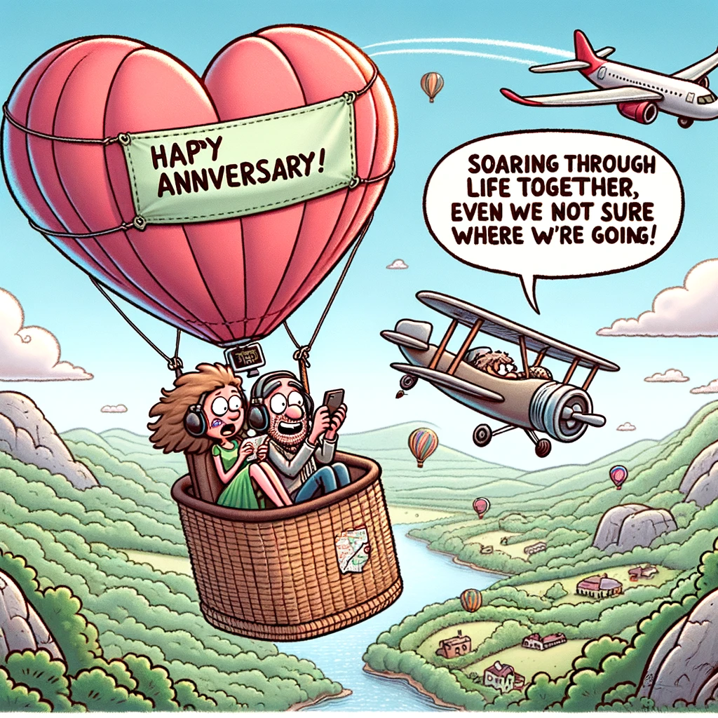 A humorous cartoon of a couple in a hot air balloon shaped like a heart, floating above a scenic landscape. The man is frantically reading a map, while the woman enjoys the view, taking pictures. A caption reads, "Soaring through life together, even if we're not sure where we're going. Happy Anniversary!"