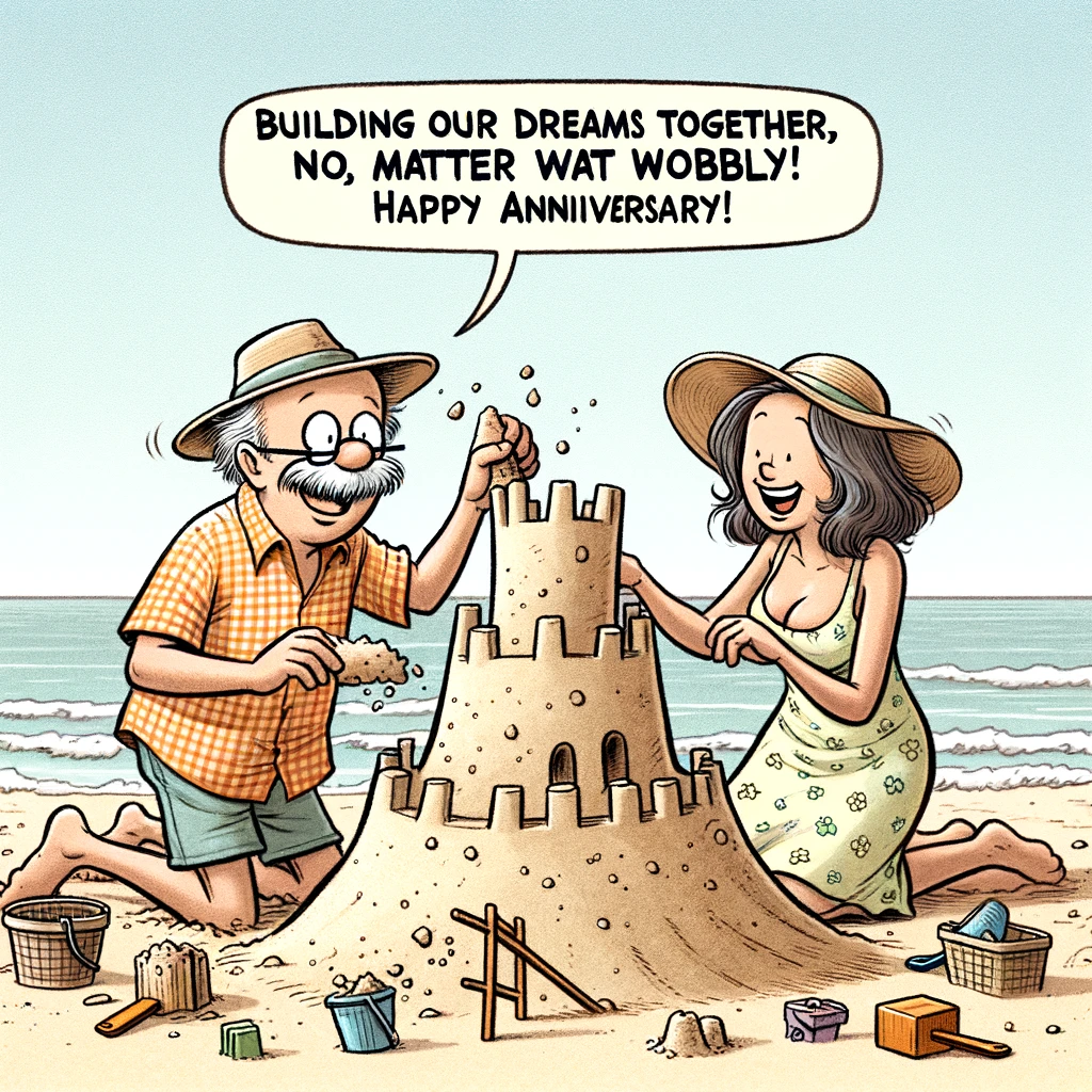 A cartoon of a couple on a beach, building a sandcastle together. The sandcastle looks more like a lopsided tower, and they are both laughing as one side starts to crumble. The caption reads, "Building our dreams together, no matter how wobbly. Happy Anniversary!"