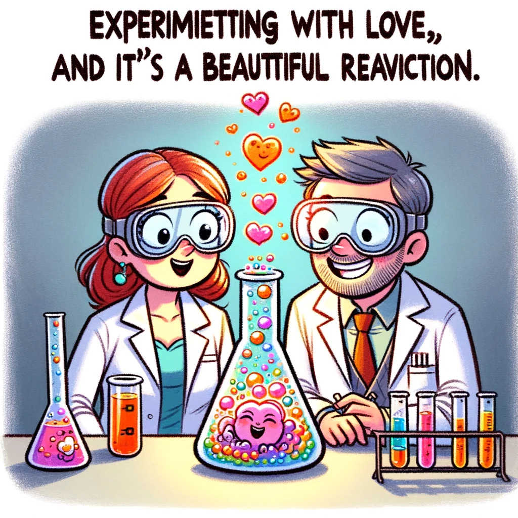 A cartoon depicting a couple in a science lab, wearing lab coats and safety goggles, looking at a bubbling, colorful potion in a beaker. They are both smiling excitedly. The caption reads, "Experimenting with love, and it's a beautiful reaction. Happy Anniversary!"