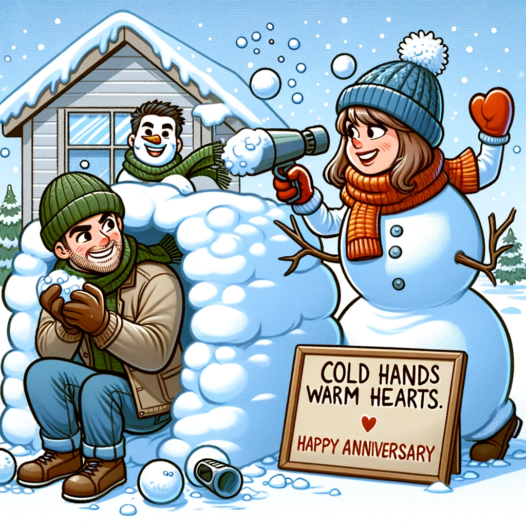 A cartoon of a couple in winter gear, having a snowball fight outside their house. The man is ducking behind a snow fort, while the woman is playfully aiming a snowball at him. A snowman beside them wears a scarf and holds a sign saying, "Cold hands, warm hearts. Happy Anniversary!"