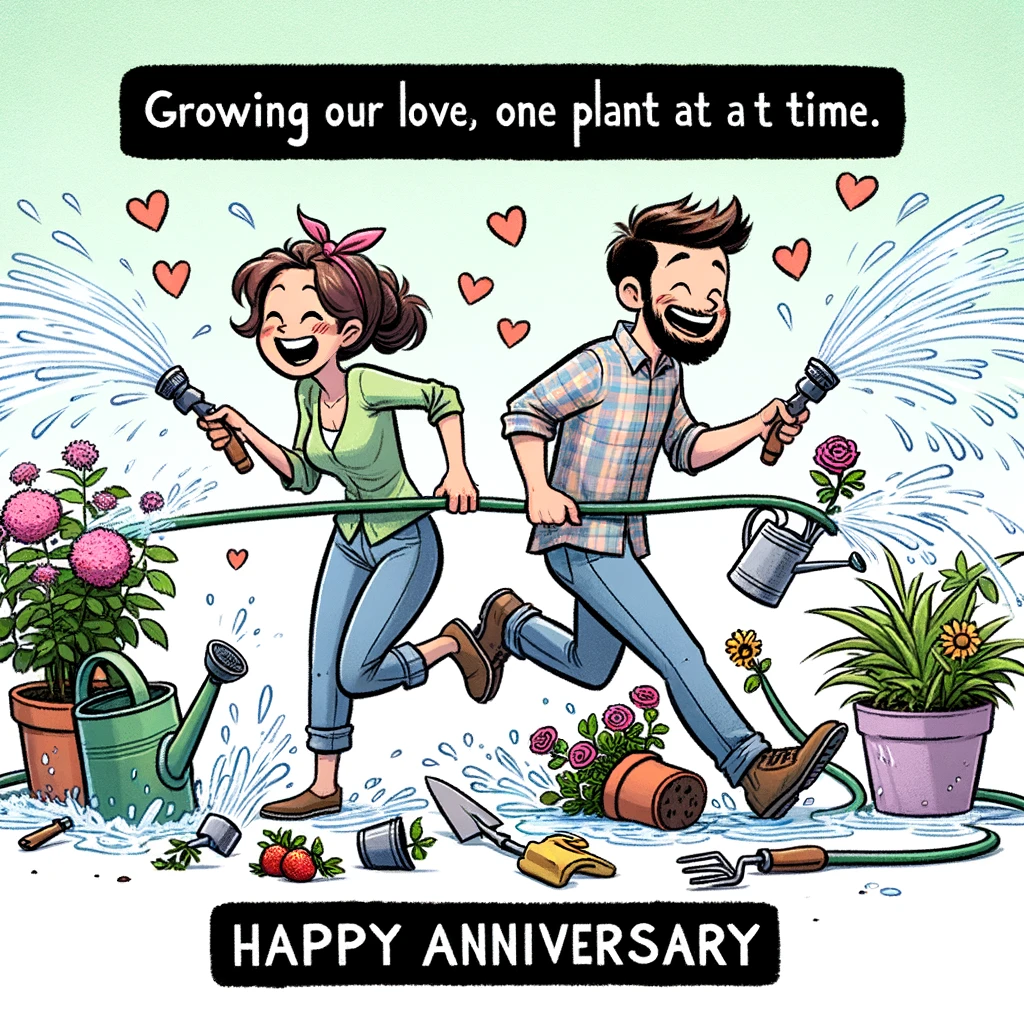 A cartoon scene of a couple gardening together, laughing as they chase a runaway garden hose spraying water everywhere. Flowers and plants are half-planted, with gardening tools scattered around. The caption reads, "Growing our love, one plant (and mishap) at a time. Happy Anniversary!"