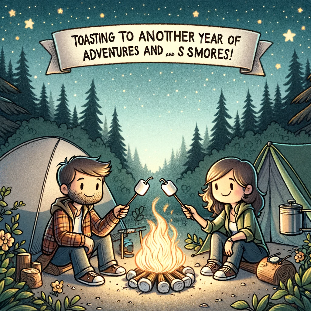 A cartoon of a couple camping, sitting beside a tent under the stars. They are roasting marshmallows over a small campfire, with a peaceful forest in the background. The caption reads, "Toasting to another year of adventures and smores. Happy Anniversary!"